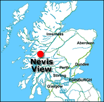 map of Scotland showing the location of Nevis View bed and breakfast in Fort William